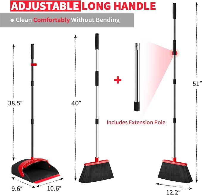 Broom with Dustpan Combo Set, Dust Pans with Long Handle for Upright Sweeping, Standing Broom and Dustpan Set with Self-Cleaning Teeth for Home, Kitchen & Office Floors(Red & Black)