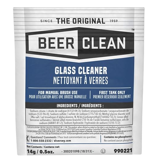 BEER CLEAN Diversey 990221 Glass Cleaner for Manual Brushing, Portion Control Bar Glass Washing Powder, Unscented, Packet, 0.5-Ounce (Pack of 100)