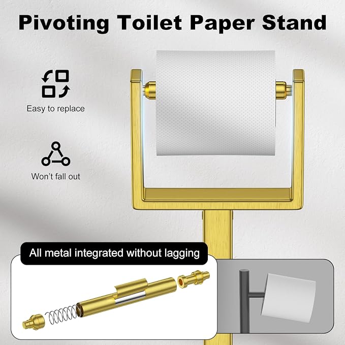 Brass Gold Toilet Paper Holder Stand，Stainless Steel Toilet Paper Holder Free Standing，Stable Weighted Base Floor Tissue Roll Holder for Bathroom，Modern Pivoting Toilet Paper Stand