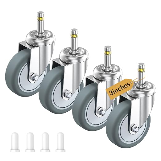 HOLKIE Stem Caster Wheels 3 inch Casters Set of 8, 7/16-Inch Stem Diameter Swivel Castors Heavy Duty TPR Rubber Replacement Castor for Cart, Stool, Mop Bucket, Grill, Shop Vac