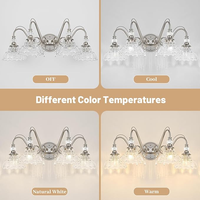 Brushed Nickel Bathroom Vanity Light, 4-Light Nickel Finish Wall Sconce with Hanging Crystal Accents and Flower-Shaped Clear Glass Shades, Modern Wall Mount Vanity Light Over Mirror for Bathroom