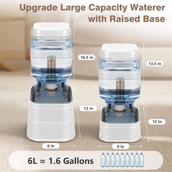 1.6 Gallon Pet Automatic Dog Water Dispenser Cat Gravity Waterer Feeder with Stainless Steel Bowl 8L Large Capacity Puppy Feeding Raised Bowls with Filter,Ice Pack (White, 6L(1.6 Gallon))