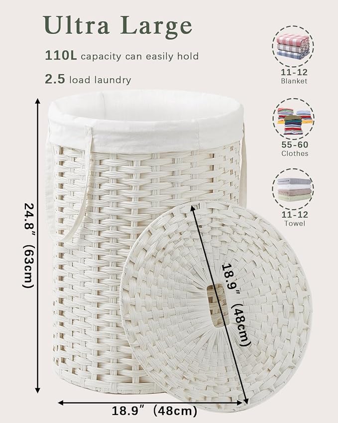 SETVSON Laundry Basket with Lid Round PE Rattan Laundry Hamper, White | 110L Large Woven Basket with Lid, Removable Washable Liner Bag, 2 Mesh Laundry Bags, Foldable Long Side Handles Versatile