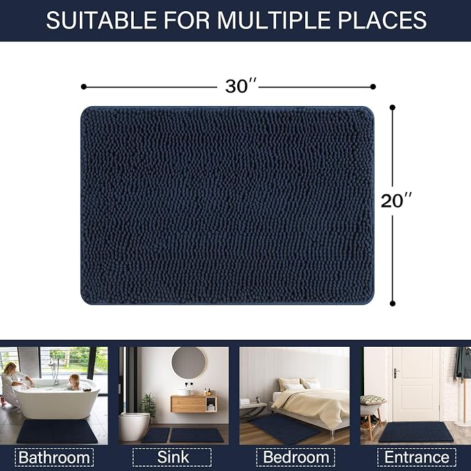 LOCHAS Luxury Bathroom Rug Shaggy Bath Mat 20 x 30 Inch, Navy | Washable Non Slip Bath Rugs for Bathroom Shower, Soft Plush Chenille Absorbent Carpets