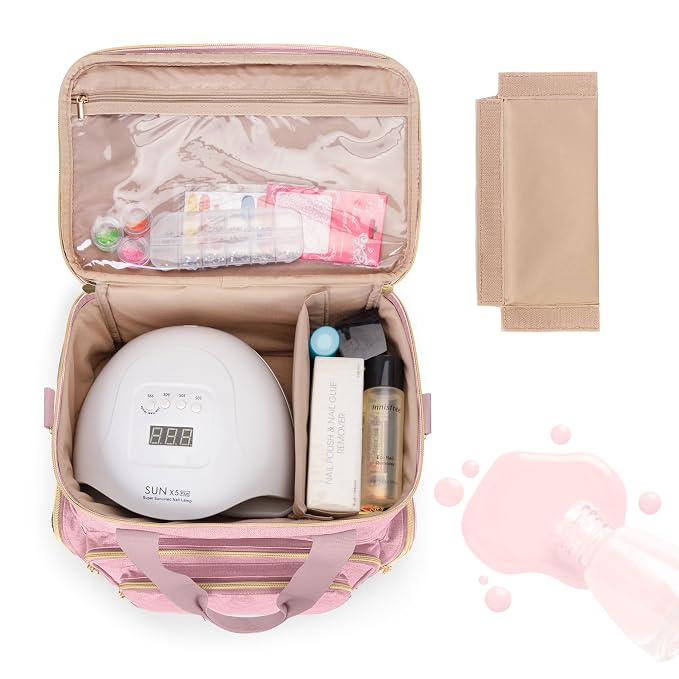 BAFASO Double Layer Nail Polish Organizer Holds 70 Bottles (15ml - 0.5 fl.oz) and a Nail Dryer, Nail Polish Case with 2 Removable Pouches and Tools Storage Sections (Patented), Pink