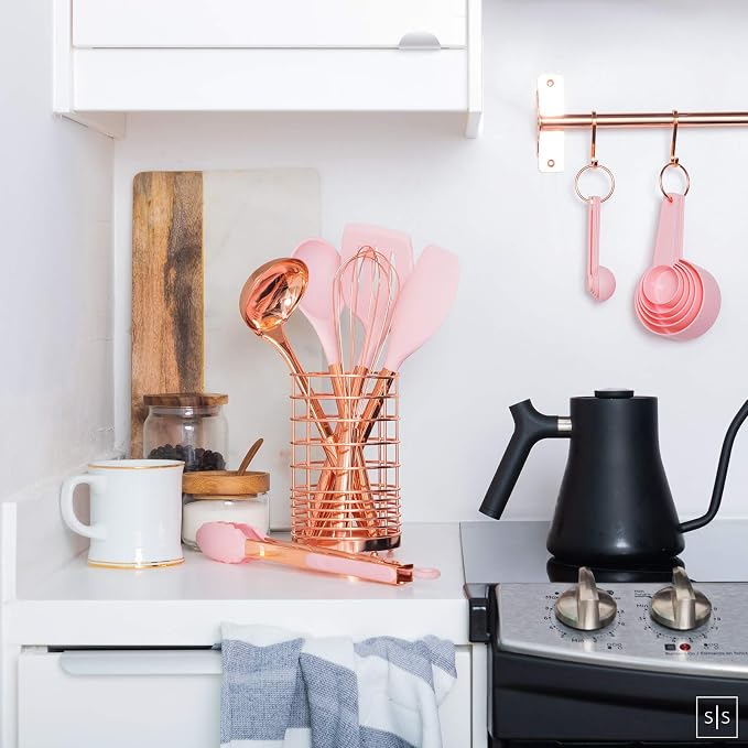 Copper and Pink Kitchen Utensils Set - 17-Piece Silicone Cooking Tools with Copper Utensil Holder and Pink Measuring Cups and Spoons for Baking and Everyday Cooking - Stylish Kitchen Accessories