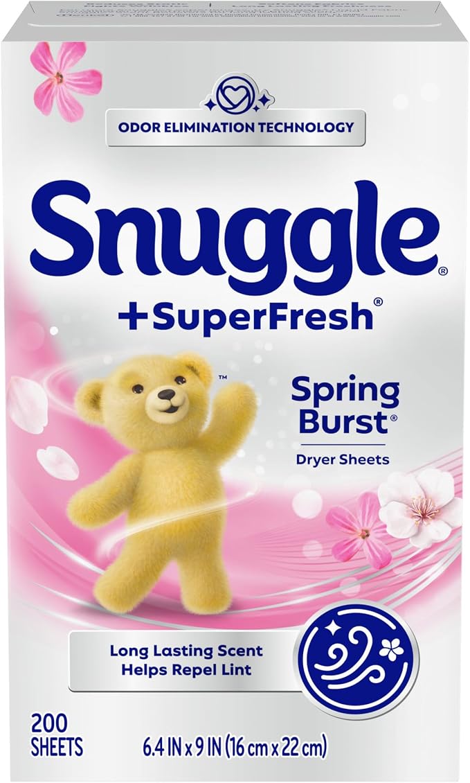 Snuggle SuperFresh Fabric Softener Dryer Sheets, 200 Count, Spring Burst, Long-Lasting Fresh & Clean Scent, Helps Eliminate Odor, Softens Fabric, Reduces Static & Fights Wrinkles, HE Safe