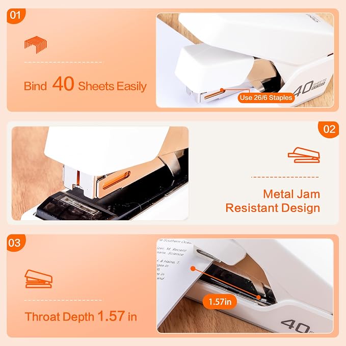 Deli Stapler, Effortless Staplers for Desk, 40 Sheet Capacity Heavy Duty, One Touch, No Effort, Easy to Load, with 2000 Staples & Staple Remover, 6 Pack, Black&White