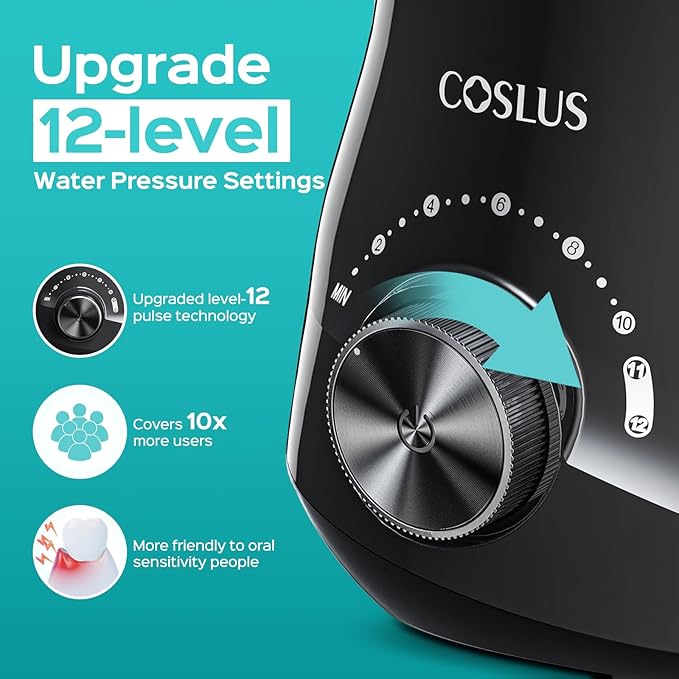 COSLUS E1 Professional Water Flosser for Teeth: 12 Pressure Settings Electric Dental Pick for Tooth Cleaning, Sensitive Gums, Braces, Oral Care - Home Use, 4 Jet Tips for Multiple Users, Family