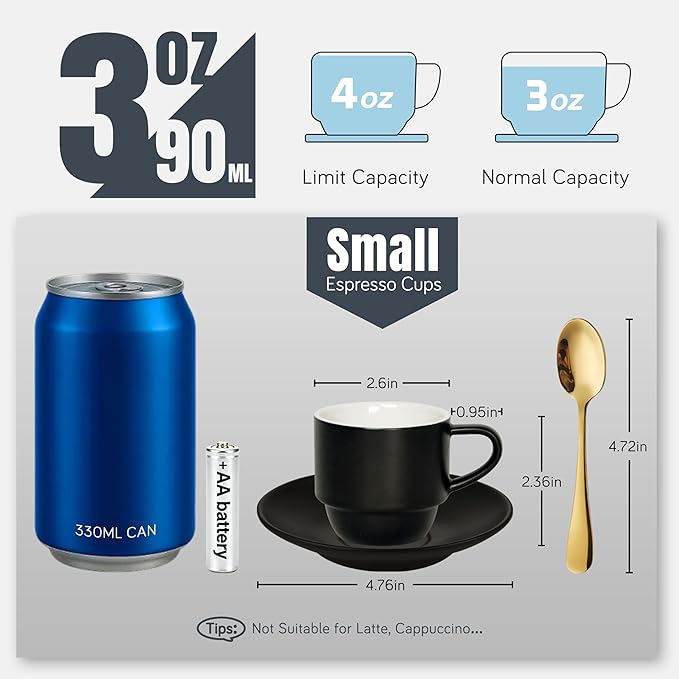 Lareina Porcelain 3-Ounce Espresso Cups Set of 6, Small Stackable Coffee Cups with Saucers, Spoons and Metal Stand - Ceramic Demitasse Mugs, Double Shots Expresso Cup, Matte Black