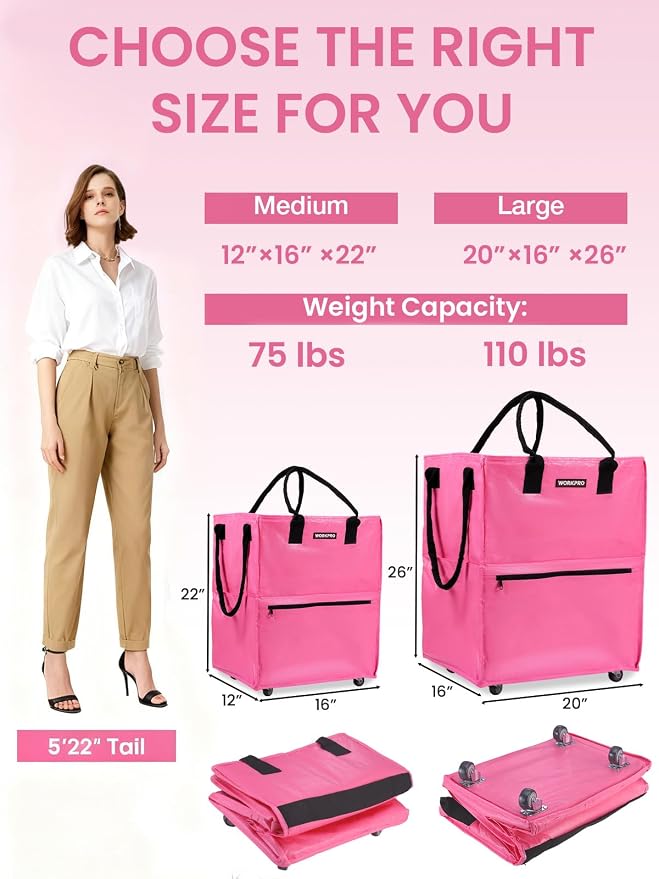 WORKPRO Medium Rolling Grocery Bag, 18-Gallon Rolling Tote with 4 Wheels | Reusable Grocery Bag on Wheels, Holds Up to 75 lbs, Heavy Duty Rolling Tote for Groceries, Laundry, Moving & Storage