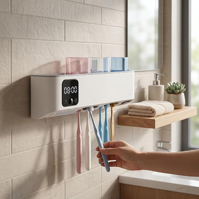 Yctze Electric Toothbrush Cleaner Holder UVC Sanitizer Wall Mounted with LED Display 3 Modes Auto Cleaning for 5 Toothbrushes Shower Bathroom