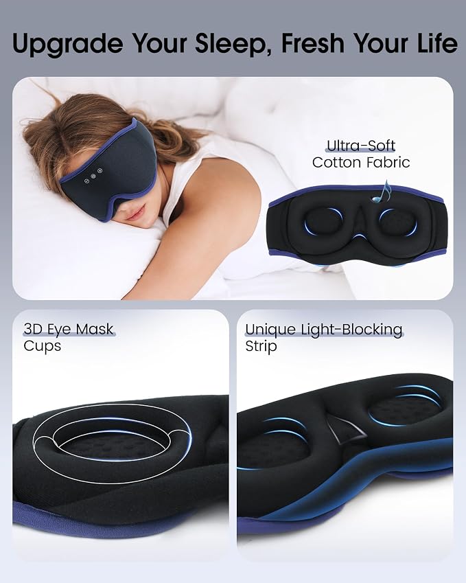 MUSICOZY Sleep Mask with Bluetooth Headphones, 3D Wireless Sleeping Eye Masks, Bluetooth Eye Masks 14-Hour Playtime, Ultra-Soft Breathable, Perfect for Side Sleepers, Women Men(Ocean Blue)