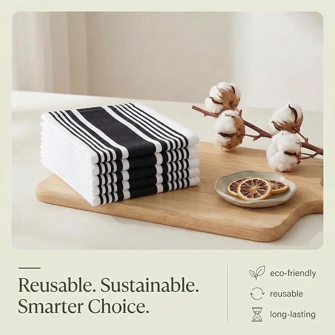 Urban Villa Kitchen Towels 100% Cotton Dish Towels for Kitchen (Set of 6)20”x30” Dish Cloths Highly Absorbent Kitchen Linen Set with Hanging Loop Perfect for Drying Dishes Cleaning Towels-Black White
