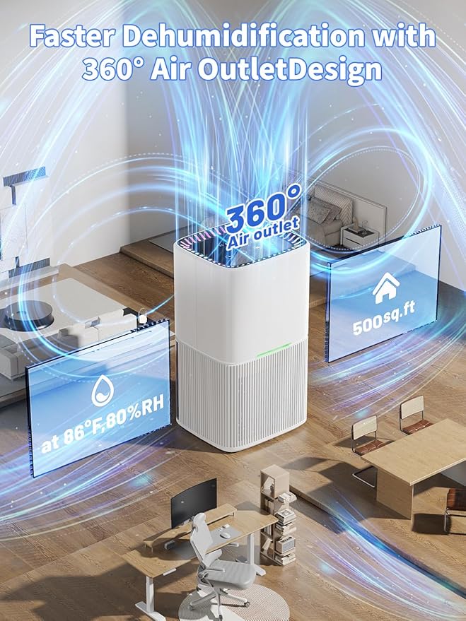 Dehumidifier, 60 OZ Water Tank, Dehumidifiers for Home, 500 sq. ft. Dehumidifier for Basement Bathroom Bedroom with Auto Shut Off, 7 Colors LED Light, Quiet Dehumidifiers with Sleep Mode (White)