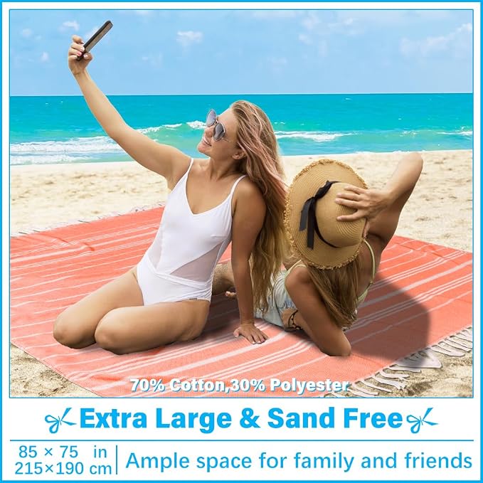 Vikumond Turkish Beach Towel Blanket Oversized 85x75 Inch Quick Dry Coral | Lightweight Compact Portable Sand Free Absorbent Boho Woven Throw for Pool Swimming Picnic Camping Cruise Outdoor Essentials