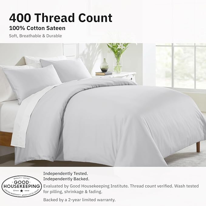 California Design Den 3-Piece Queen Bed Duvet Cover Set - 400 Thread Count, 100% Cotton Sateen, Soft Duvet Cover Queen Size Set, Button Closures, Corner Ties, Durable Bedding - Silver