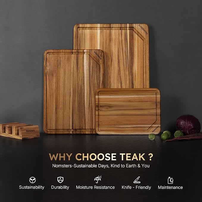 3 Pack Teak Wood Cutting Board Set with Holder Non Slip Over Sink Wooden Chopping Board for Fresh Meat Vegetable Thick Haus Perfect for Charcuterie Juice Groove Kitchen Accessories - FSC Certified