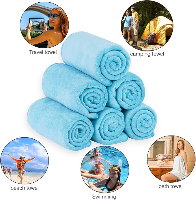 JML Microfiber Bath Towels Set, Sky Blue, 27" x 55", 6 Pack | Hanging Loop, Absorbent, Soft, Fast Drying, Lint free, Fade Resistant, Multipurpose for Adult, Beach, Pool, Sport, Yoga