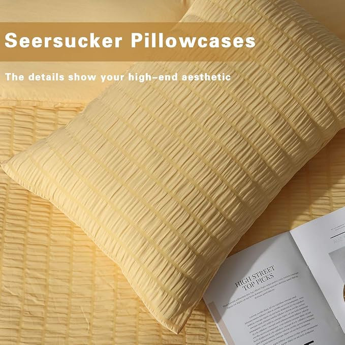 AveLom Yellow Duvet Cover King (104 x 90 inches), 3 Pieces (1 Duvet Cover + 2 Pillow Cases), Seersucker Textured Ultra Soft Washed Microfiber, Textured Duvet Cover with Zipper Closure, Corner Ties