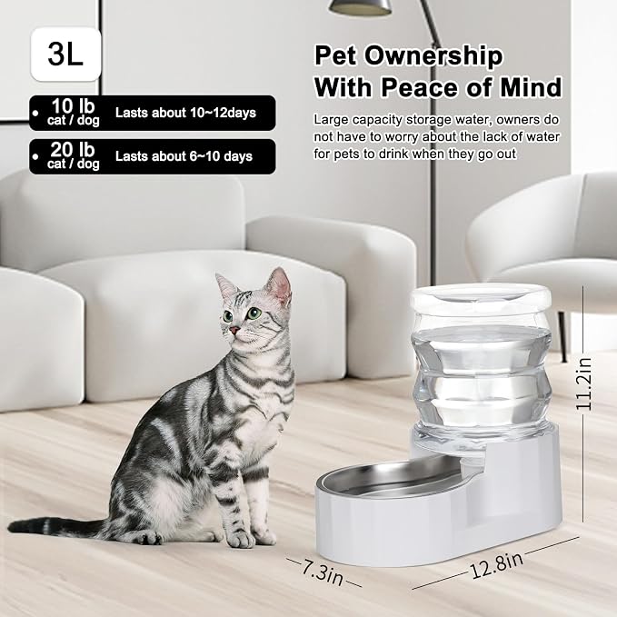 RIZZARI 4L Cat Water Dispenser – Stainless Steel, White, Gravity Fed | No Power Needed, Non-Slip Base, Easy-Clean, for Cats & Small Dogs, for Kitchen/Bedroom