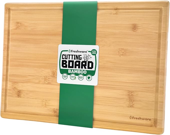 Bamboo Cutting Boards for Kitchen with Juice Groove [Extra-Large] Wood Cutting Board for Chopping Meat, Vegetables, Fruits, Cheese, Knife Friendly Serving Tray with Handles, 18 x 12.5 Inch