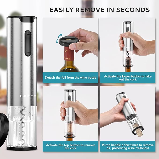 EUHOMY Electric Wine Opener with Charging Base, Wine Aerator Pourer and Foil Cutter, Stainless Steel Automatic Corkscrew Opener with Wine Vacuum Stopper, Fine Set for Wine Lovers