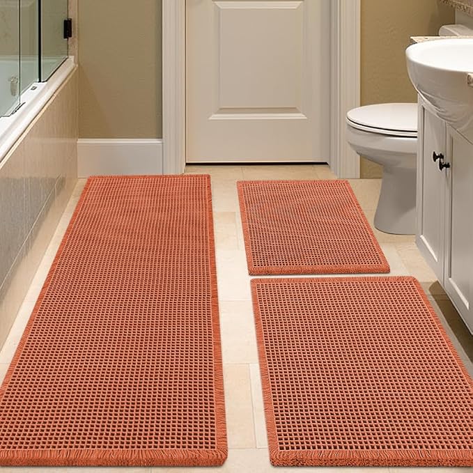 IM HOME Waffle Bath Mat Set 3 Piece Burnt Orange,Woven Modern Bath Rug Mats, Absorbent Non Slip Bath Floor Mat, Soft Washable Boho Bath Rugs with Tassels for Bathroom, Bedroom, Kitchen, Tub