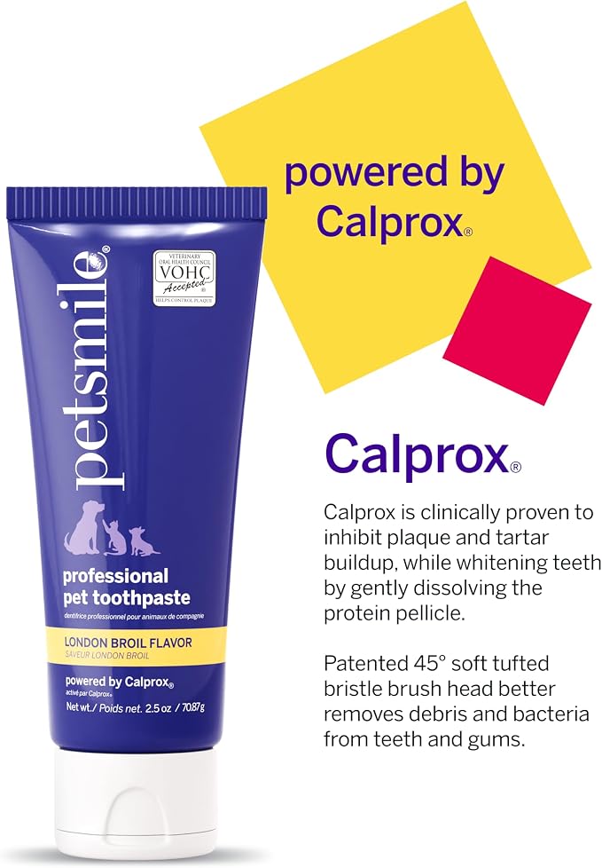 Petsmile Pet Teeth Brushing Kit, Toothpaste + Brush, London Broil 2.5 Oz | Toothpaste + 45° Patented Toothbrush, VOHC Accepted, Calprox® Powered, 4-Month Supply, Human-Grade, Clinically Proven