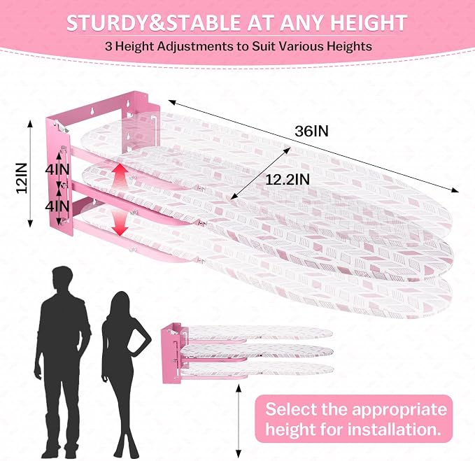 Wall Mounted Ironing Board Adjustable Height Fold Away Iron Board | 36x12 Inch Wall Mount Space-Saving Ironing Board with Removable Heat Resistant Cover for Small Spaces Home Laundry Room Pink