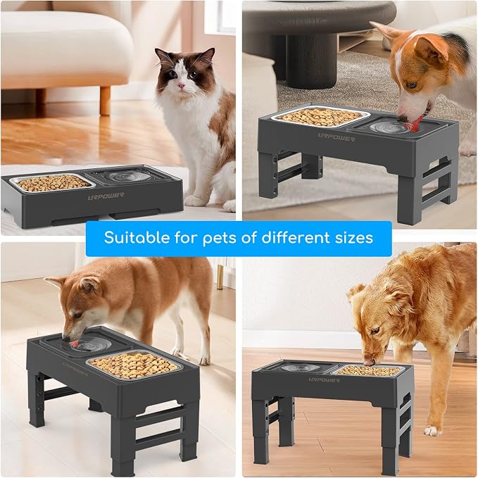 URPOWER 2-in-1 Elevated Dog Bowls 4 Height Adjustable Raised Dog Bowls | Stainless Steel Food Bowl with No Spill Water Bowl and Non-Slip Stand for Small Medium Large Dogs