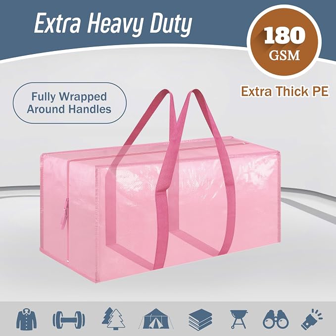 6 Pack Extra Heavy Duty Large Moving Bags with Strong Zipper, Pink | Comfortable Handles, Sturdy & Durable Clothes Storage Bags Totes Bins, Blue Packing Moving Boxes for College Supplies