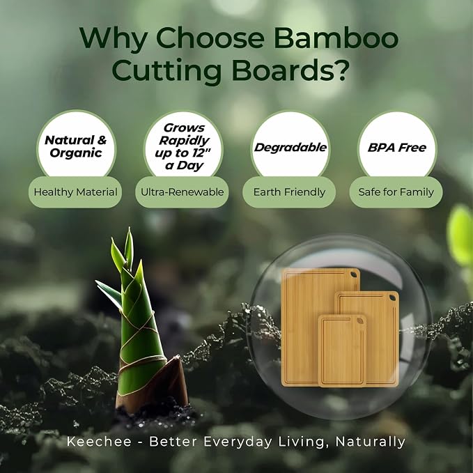 Keechee Bamboo Cutting Board, Cutting Board for Kitchen with Handles | Deep juice grooves, built-in handles, versatile 3 piece set for everyday cooking and chopping