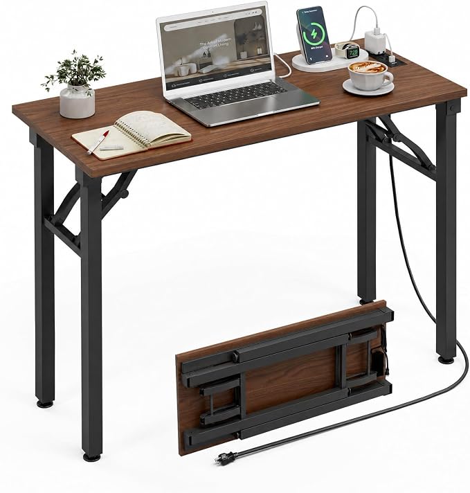 XBurmo Small Folding Desk Folding Table, No Assembly Foldable Desk Gaming Desk, 35.8-Inch Computer Table Workstation with 2 AC Outlets and 2 USB Ports for Bedroom and Home Office, Dark Walnut