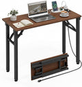 XBurmo Small Folding Desk Folding Table, No Assembly Foldable Desk Gaming Desk, 35.8-Inch Computer Table Workstation with 2 AC Outlets and 2 USB Ports for Bedroom and Home Office, Dark Walnut