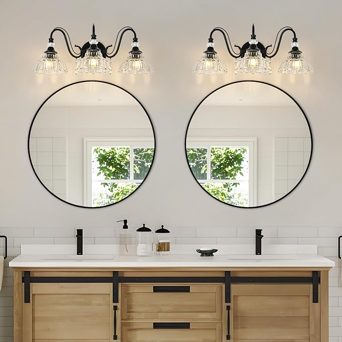 Black Bathroom Vanity Light, 3-Light Matte Black Finish Farmhouse Wall Sconce with Hanging Crystal Accents and Flower-Shaped Clear Glass Shades, Retro Wall Mount Vanity Light Over Mirror for Bathroom