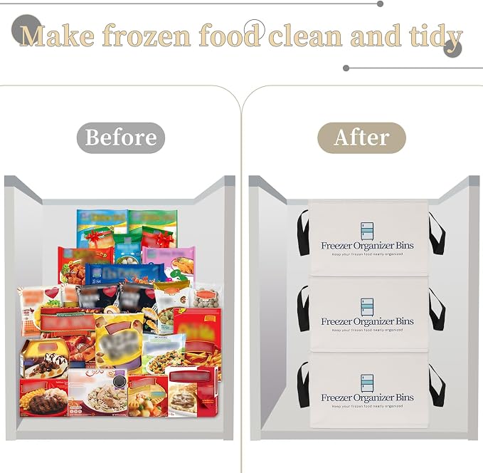 Flenpptly Freezer Organizer Bins, 2 Pack Freezer Storage Bins, Light Grey | 15"x14"x9" Collapsible Deep Freezer Organizer Bins with Removable Dividers, Handles
