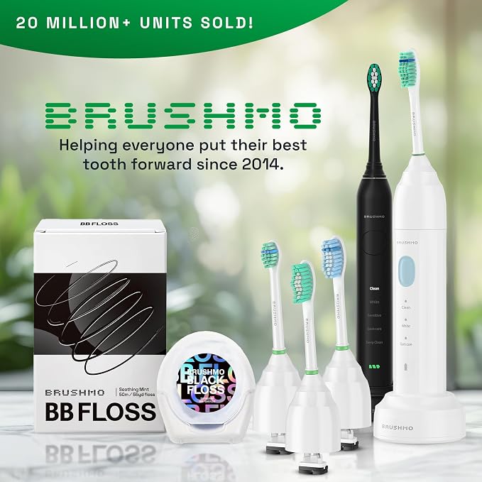 Brushmo e-Series Total Clean Replacement Toothbrush Heads, Compatible with Philips Sonicare Screw-on Electric Toothbrush Handles, 6 Compact Heads, Medium Firm Dupont Bristles, BM716, White