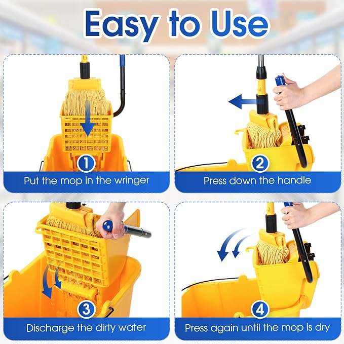 Maxdot 35 Quart Commercial Mop Bucket with Side Press Wringer on Wheels Yellow Industrial Mop and Bucket Set with Caution Sign for Floor Cleaning