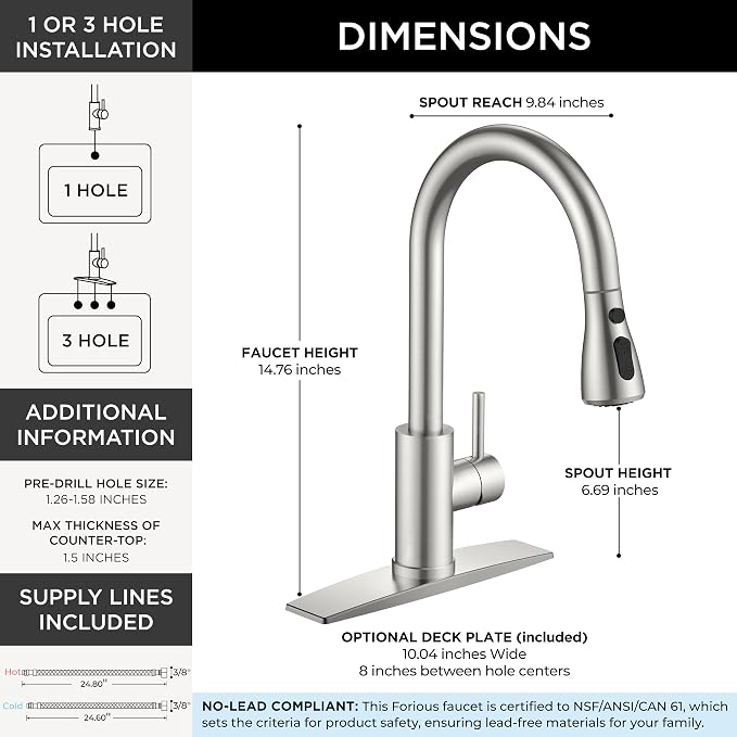 FORIOUS Touch Activated Kitchen Faucets Pull Down Sprayer, Brushed Nickel | High Arc Kitchen Sink Faucet with Deck Plate, Stainless Steel, Single Hole, Single Handle, Fit for RV Bar Farmhouse Laundry