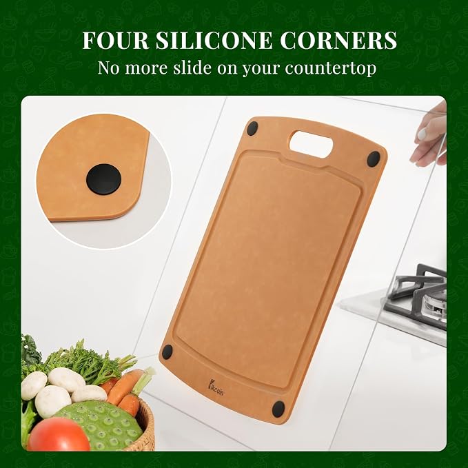 Kikcoin Wood Cutting Board, Cutting Boards for Kitchen Dishwasher Safe Non-slip Chopping Board with Juice Groove, Wood Fiber Composite Cutting Board with Handle, 14.6"*10.8"