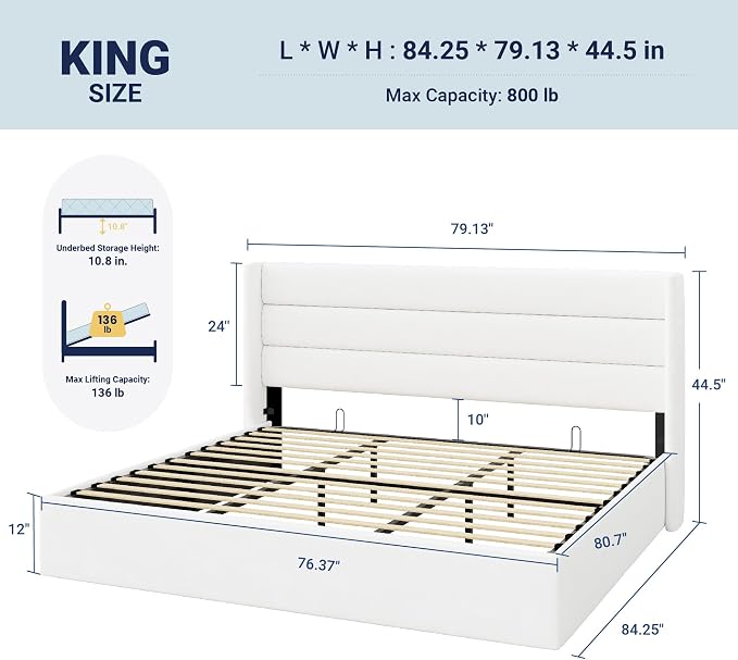 Allewie King Size Lift Up Hydraulic Storage Bed Frame White | Modern Wingback Headboard, Hydraulic Support Storage, No Box Spring Needed
