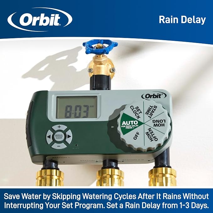 Orbit Programmable Digital Hose Watering Timer - 3 Outlet - Battery Powered - with LCD Screen - Built-in Rain Delay - Water-Resistant - 56082 (Pack of 4)
