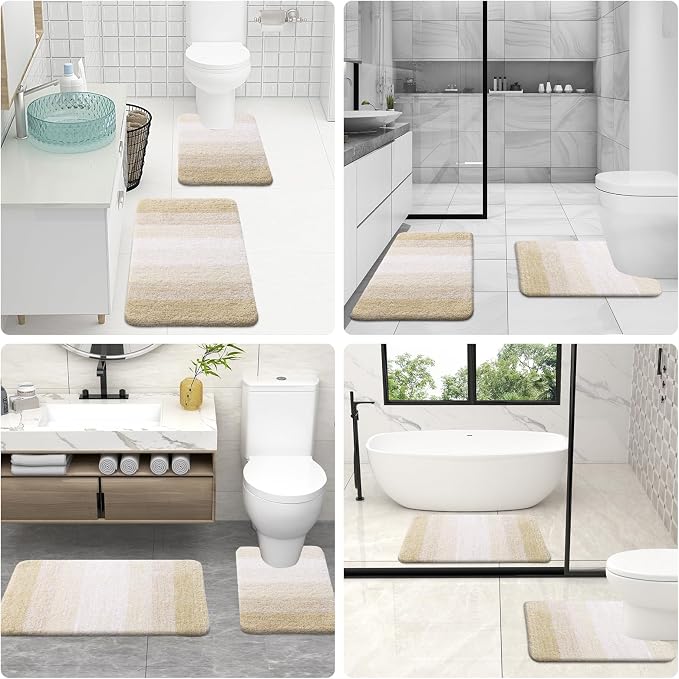 OLANLY Luxury Toilet Rugs U-Shaped 24x20, Extra Soft and Absorbent Microfiber Bathroom Rugs, Non-Slip Plush Shaggy Bath Mat, Machine Wash Dry, Contour Bathroom Mats for Toilet Base, Light Beige