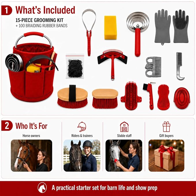 Horse Grooming Kit, 15-Piece Horse Brush Set with Red Tote Bag, Long Shedding Blade, Hoof Pick, Curry Comb, Sweat Scraper, Mane and Tail Comb, Gloves, Equine Grooming Supplies