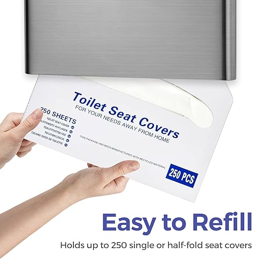 Stardrix Slim Brushed Stainless Steel Toilet Seat Cover Dispenser – Designer Wall-Mount Holder with Curved Edges and Large Capacity for Single or 1/2 Fold Covers, Aesthetic and Modern Look