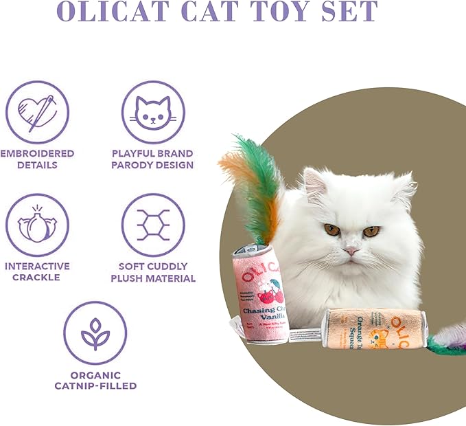 Haute Diggity Kitty Olicat Catnip Toys, Soft Plush Cat Toys Catnip Filled with Interactive Crackle Sound & Feathers, Safe & Durable Toy for Cats & Kitten, 2 Pcs