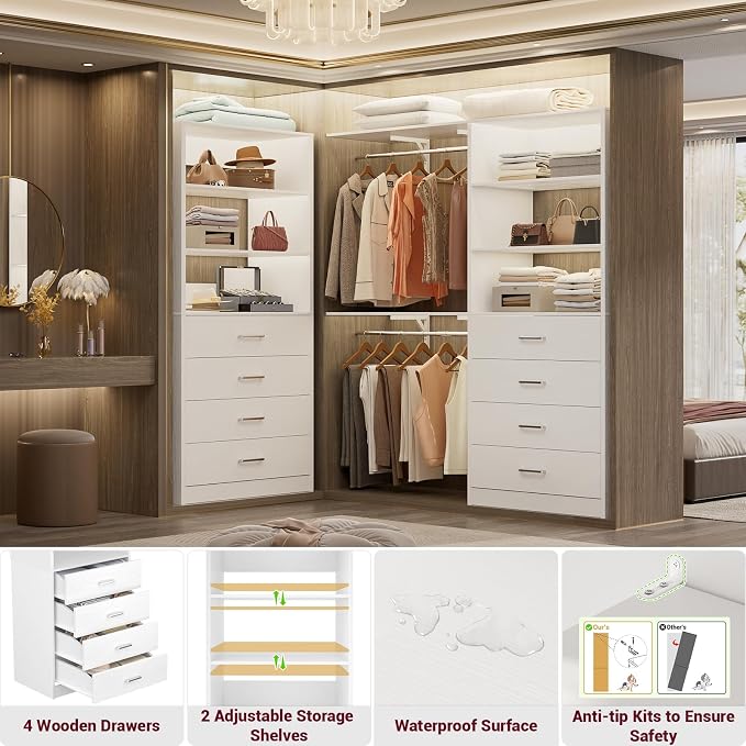 Aheaplus Closet Drawers System, 21.3" Wood Closet Organizer System with 4 Drawers, Modular Walk-in Closet System Storage Unit, Small Closets Wardrobe Rack, Tall Storage Cabinet Unit, White