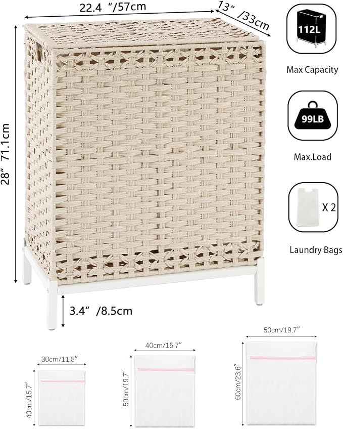 SETVSON Laundry Hamper with Lid, Wicker Laundry Basket, 112 L, Light Khaki | Handwoven PE Rattan, 2 Removable Liner Bags, Metal Heightened Feet, 6 Mesh Bags, Clothes Hamper for Bathroom Bedroom