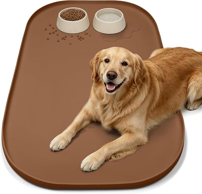 SMILOOL Waterproof Silicone Pet Food Mat with Raised Edge for Dog & Cat | 36" x 24" Non-Slip Large Pet Feeding Mats with Lip for Food & Water Bowl, Food Grade, Easy Cleaning, Brown